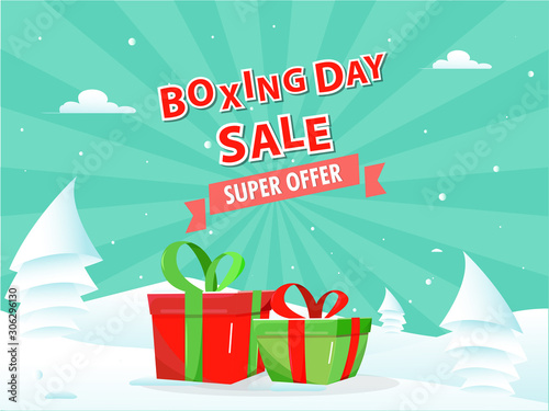 Sticker style Boxing Day Sale text with gift boxes and paper cut style xmas tree on snowy and green rays background.