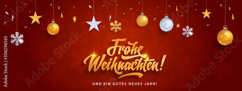Frohe Weihnachten - Merry Christmas in German language red background banner template with glitter gold elements, snowflakes, stars and calligraphy