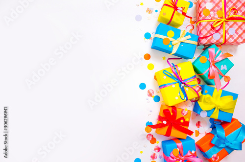 bright colored boxes with gifts on a white background for Christmas, birthday, thanksgiving, Valentine's Day
