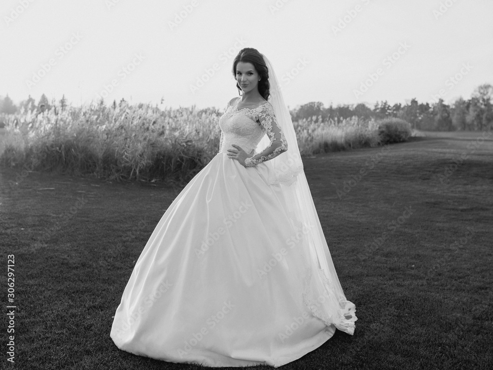 portrait of caucasian beautiful attractive woman bride in traditional european white dress standing on the field on nature background