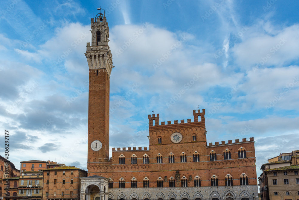 Mangia Tower and Palazzo Pubblico, located in Piazza del Campo, Siena, Italy	