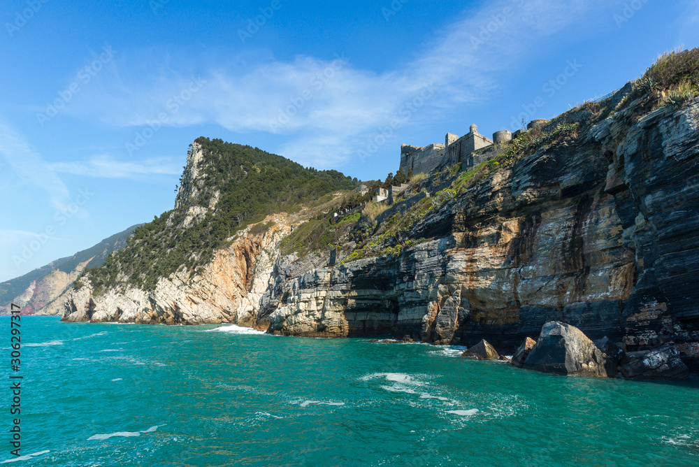 Cliffs of Portovenere with the castle, Italy Cliffs of Portovenere with the castle, Italy