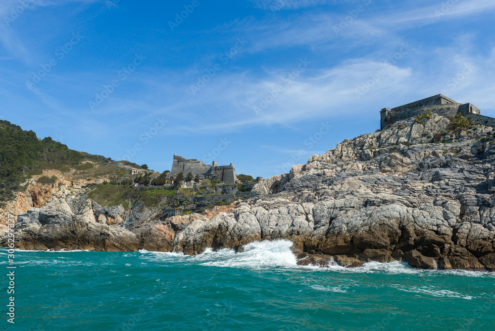 Cliffs of Portovenere with the castle, Italy