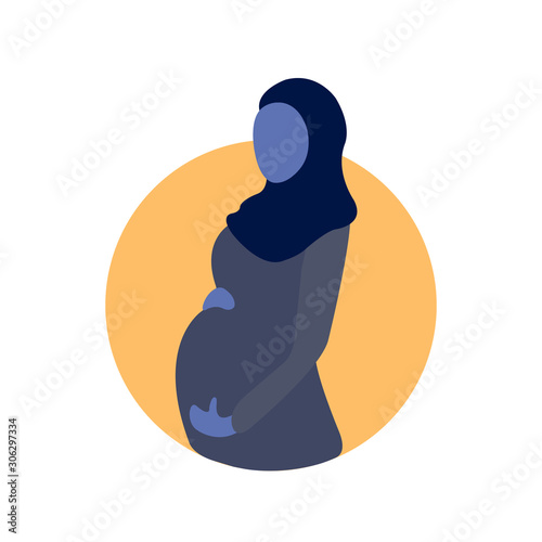 Muslim pregnant woman wearing abaya and blue hijab. Modern flat style vector illustration isolated on white background.