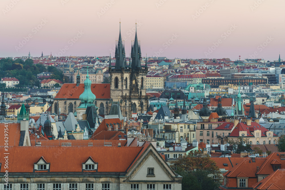 Sunset and Night view of the cityscapes in Prague old city and The Church of Mother of God before Týn, Czech Republic