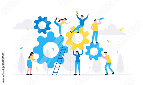 Teamwork concept with tiny people characters working together with big gears cog wheels settings icons. Teamwork and time management concept flat style design vector illustration isolated.