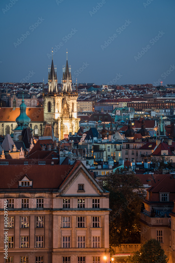 Sunset and Night view of the cityscapes in Prague old city and The Church of Mother of God before Týn, Czech Republic