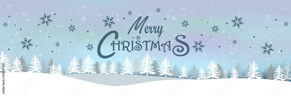 Merry Christmas and New Year on holidays background, landscape background, snow, banner design, light, stars, xmas card, Vector Illustration.