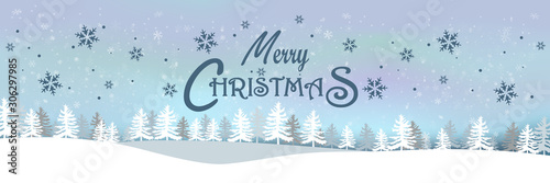 Merry Christmas and New Year on holidays background, landscape background, snow, banner design, light, stars, xmas card, Vector Illustration.