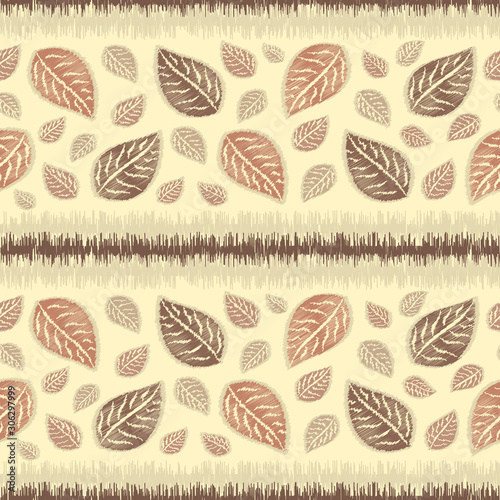 Seamless abstract ikat pattern with image of leaves. © Yuliya
