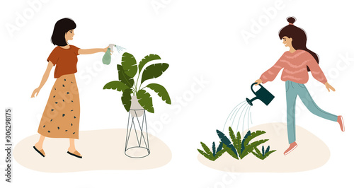 Cute girls watering plant at garden, cozy home. Young women taking care of houseplants, spray leaves by sprayer, growing flower in pot. Vector illustration of urban jungle, lifestyle, slow life, hobby