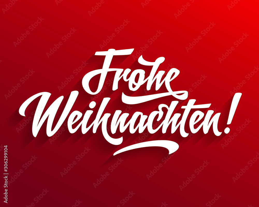 Frohe Weihnachten - Merry Christmas in German language red flat background card template calligraphy design