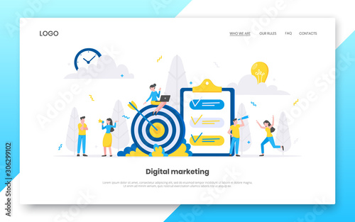 Teamwork concept with tiny people characters working together with big target and tiny people characters. Teamwork and time management concept flat style design vector illustration isolated white.