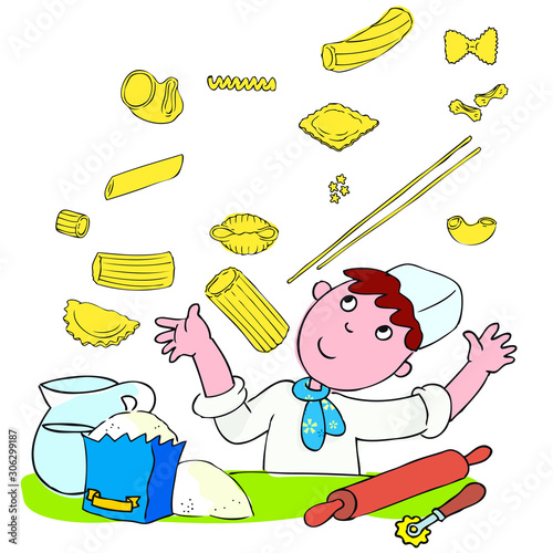 Illustrazione vettoriale in stile flat art di un bambino cuoco allegro che prepara la pasta fresca fatta a mano, simbolo di genuinità, tradizione italiana e cucina mediterranea autentica