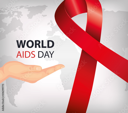 poster of world aids day with hand and ribbon vector illustration design