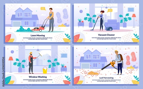 Housework, Cleaning Company Flat Vector Banner Set