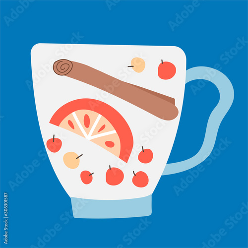 Vector hand drawn illustration of a glass with berries, orange slice and cinnamon for a drink. Tea, mulled wine or a hot winter drink in a modern style on a blue background. Design greeting cards, pos