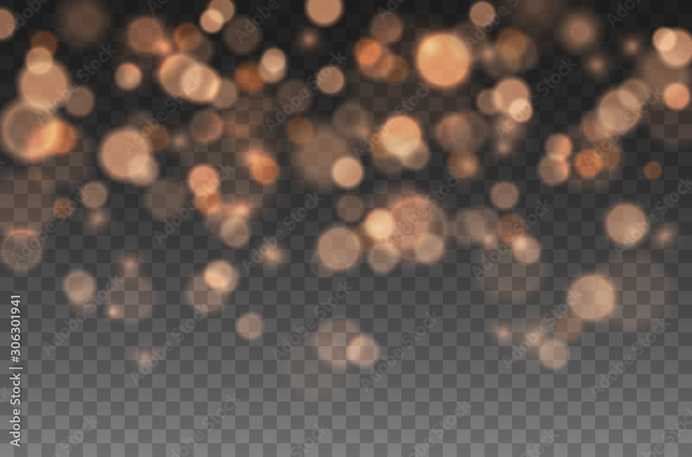 Bokeh lights effect isolated on transparent background. Vector Christmas glowing yellow and orange overlay sparkle texture.