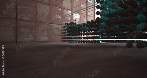 Abstract architectural concrete interior from an array of blue spheres with large windows. 3D illustration and rendering.
