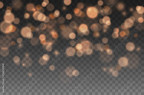 Bokeh lights effect isolated on transparent background. Vector Christmas glowing yellow and orange overlay sparkle texture. photo