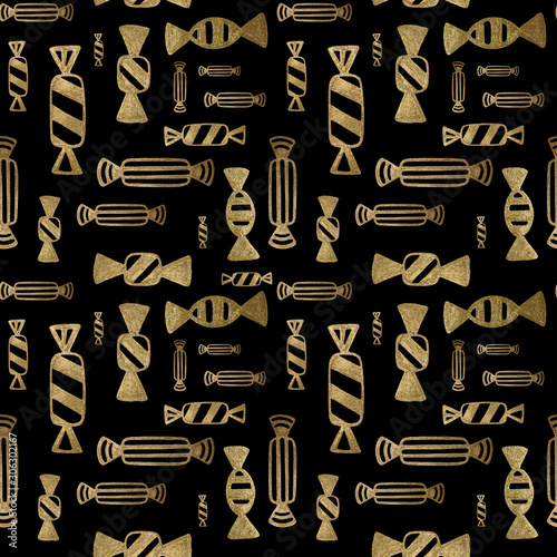 Candies gold hand painted seamless pattern. Abstract sweets golden background. Dessert texture in vintage style.