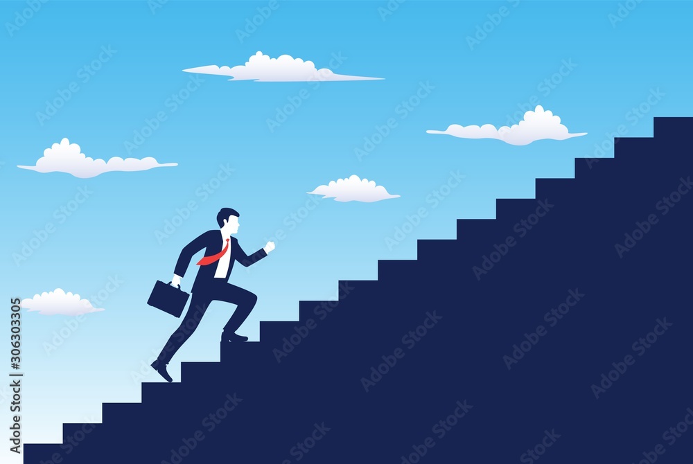Business startup concept. Businessman running the stairs up to be ...