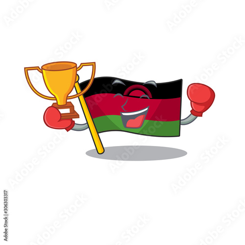 Super cool Boxing winner flag malawi in mascot cartoon style