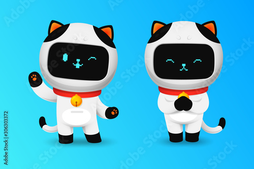 Collection of Cute cat robot character in greeting action