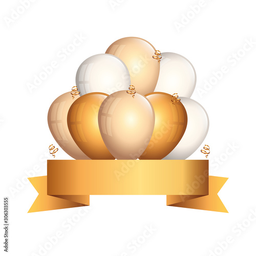 set of balloons helium golden and white with ribbon vector illustration design