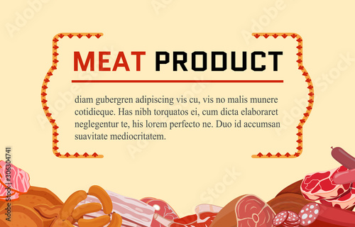 Banner with meat products. Roast chicken and prime rib, sausage, salami and ham, sirlon, bacon, sucuk and smoked meat, turkey and t-bone steak