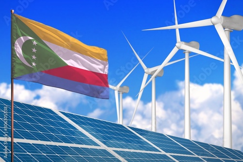 Comoros solar and wind energy, renewable energy concept with solar panels - renewable energy against global warming - industrial illustration, 3D illustration