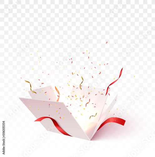 Open gift box with confetti burst explosion isolated. 3d vector background.