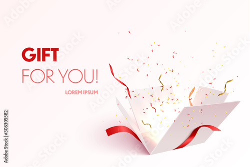 Open gift box with confetti burst explosion isolated. 3d vector background. photo