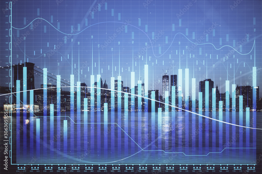 Financial graph on night city scape with tall buildings background double exposure. Analysis concept. Financial graph on night city scape with tall buildings background double exposure. Analysis concept.