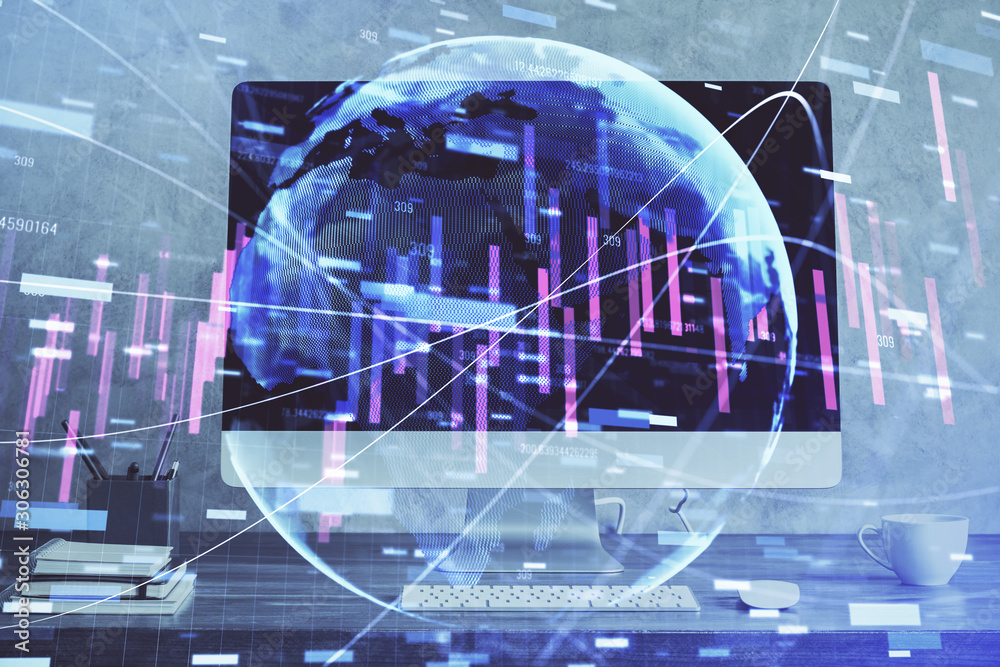 Fototapeta premium Financial graph colorful drawing and table with computer on background. Multi exposure. Concept of international markets.