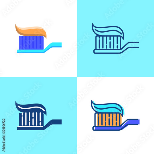 Toothbrush with toothpaste icon set in flat and line style