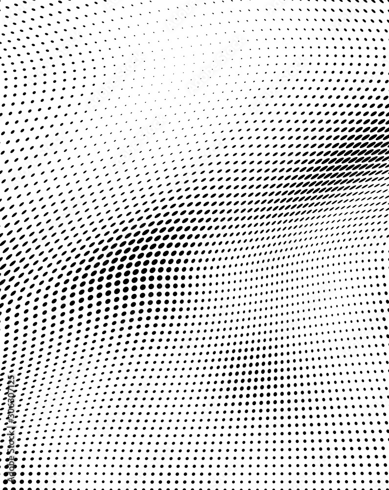 Abstract halftone texture in the form of a wave. Monochrome art background of black dots on white. Vector chaotic pattern. Template for printing and design of business cards, labels, posters