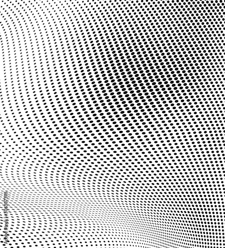 Abstract halftone texture in the form of a wave. Monochrome art background of black dots on white. Vector chaotic pattern. Template for printing and design of business cards, labels, posters