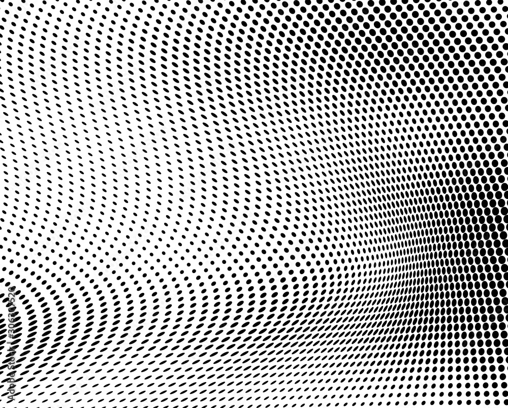 Abstract halftone texture in the form of a wave. Monochrome art background of black dots on white. Vector chaotic pattern. Template for printing and design of business cards, labels, posters