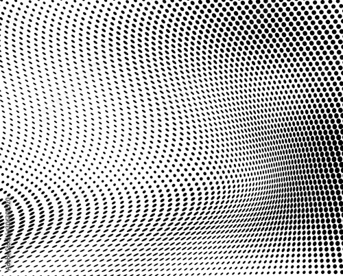Abstract halftone texture in the form of a wave. Monochrome art background of black dots on white. Vector chaotic pattern. Template for printing and design of business cards  labels  posters