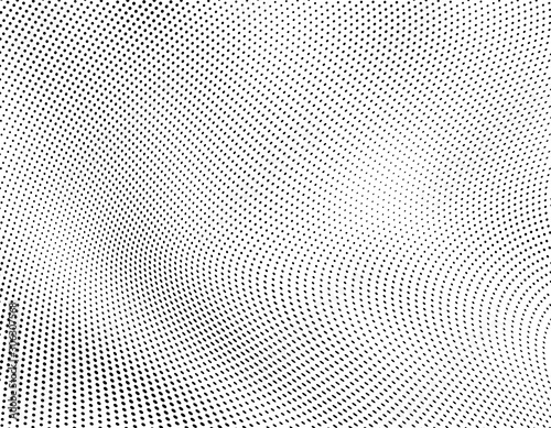 Abstract halftone texture in the form of a wave. Monochrome art background of black dots on white. Vector chaotic pattern. Template for printing and design of business cards, labels, posters