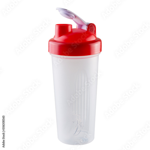 Εκτύπωση καμβά plastic shaker with a red cap, on a white background, a bottle for sports nutrit