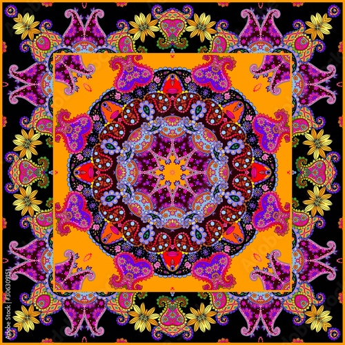 Colorful ethnic square pattern for shawl with bright mandala. Bandana print with indian motifs. Cushion, rug, carpet.
