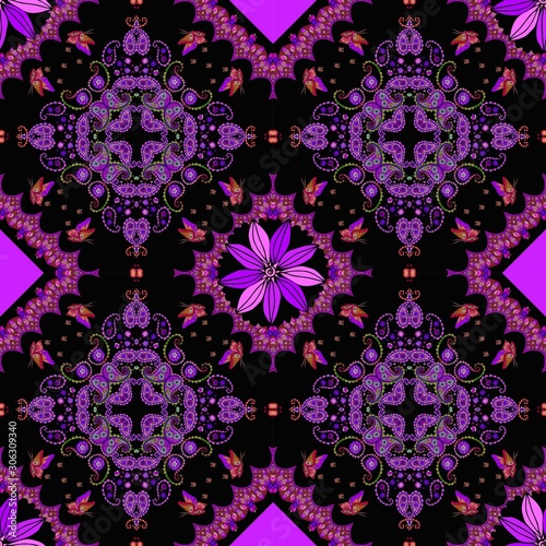 Seamless ornamental pattern in purple colors. Print for fabric. Carpet in ethnic style.
