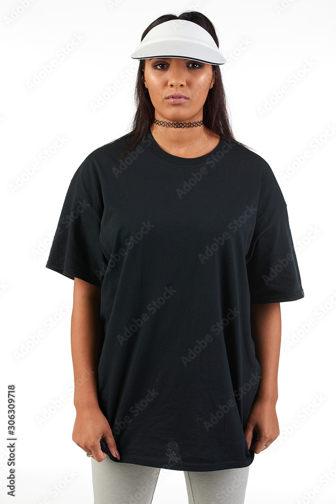 Blank t-shirt mock-up - Cool streetwear fashion girl ready for your design Blank t-shirt mock-up - Cool streetwear fashion girl ready for your design