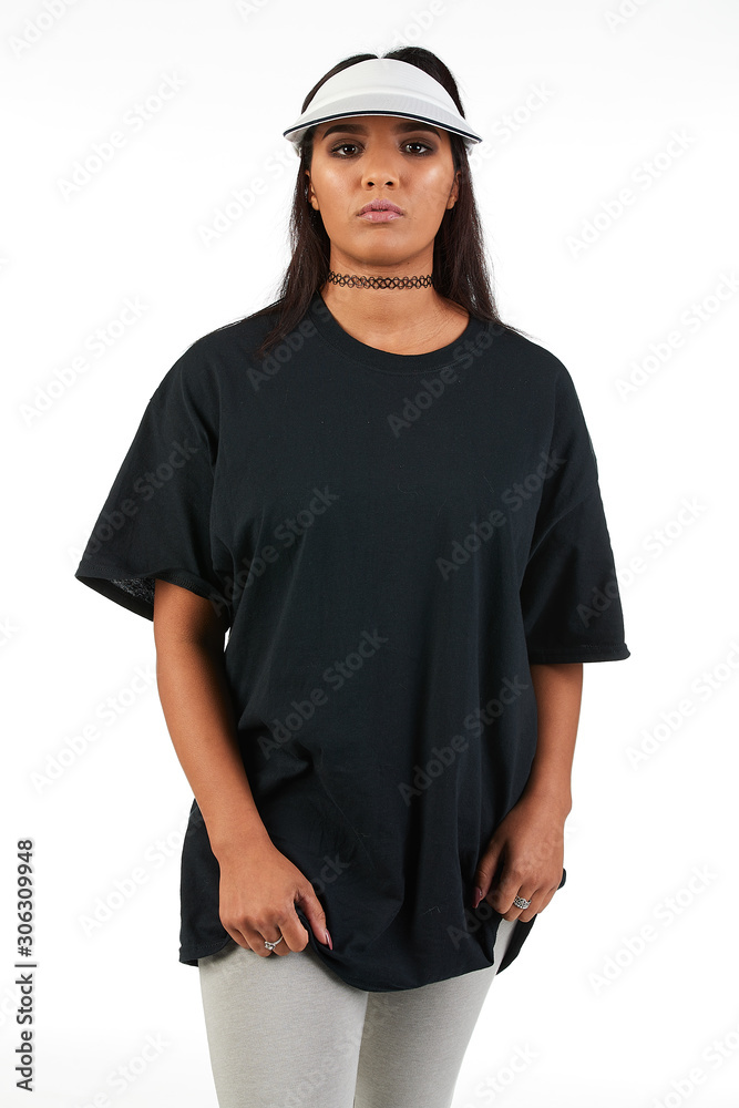 Blank t-shirt mock-up - Cool streetwear fashion girl ready for your design Blank t-shirt mock-up - Cool streetwear fashion girl ready for your design