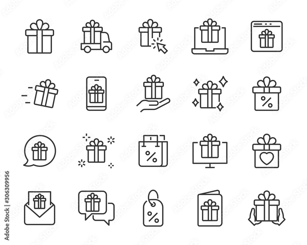 gift; icon; set; love; celebration; box; give; date; web; bag; bow;  delivery; discount; promotion; present; wedding; offer; card; christmas;  coupon; surprise; pack; package; shopping; sale; line; vale Stock Vector |  Adobe Stock