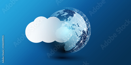Cloud Computing Design Concept - Digital Connections, Technology Background with Earth Globe and Geometric Network Mesh