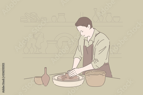Clayware crafting, craftsmanship hobby, handmade pottery concept. Young man visiting handicraft classes, earthenware workshop, professional clay artist in apron making ceramic jar. Simple flat vector