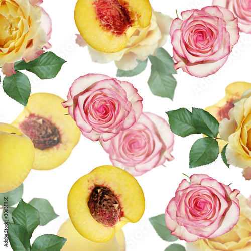 Beautiful background of peaches and roses. Isolated